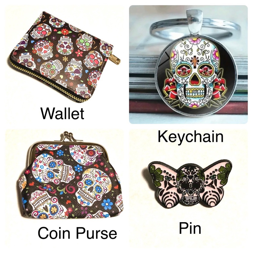 Day Of The Dead Wallet Enamel Pin Coin Purse and Keychain Set Sugar Skull Patch